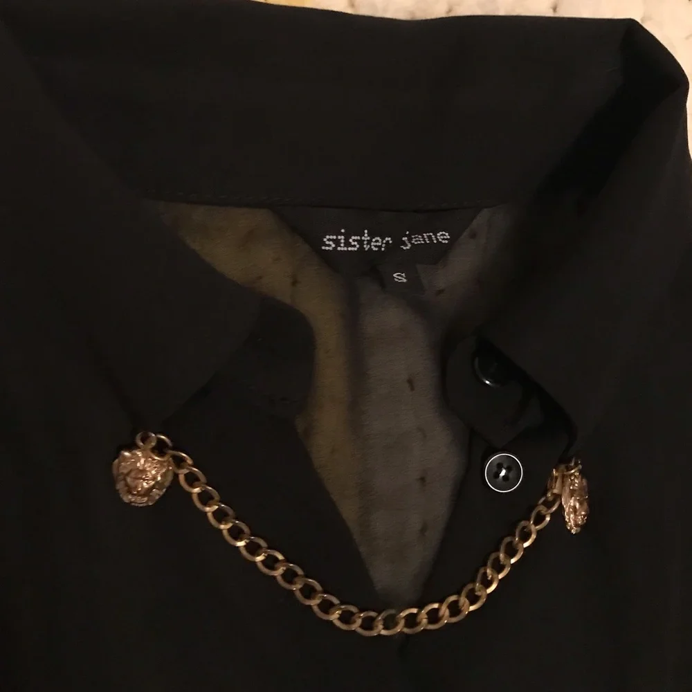 Sister Jane Black Mini Dress Sheer/Pleated with Lion Head Charms 🦁 Size S - Picture 6 of 9